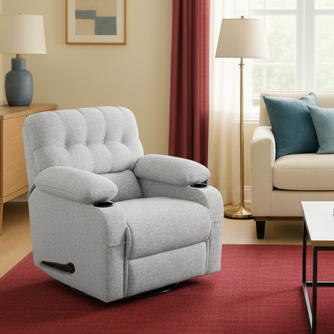 كرسي استرخاء كومفورت هزاز دوار رمادي مع حامل أكواب